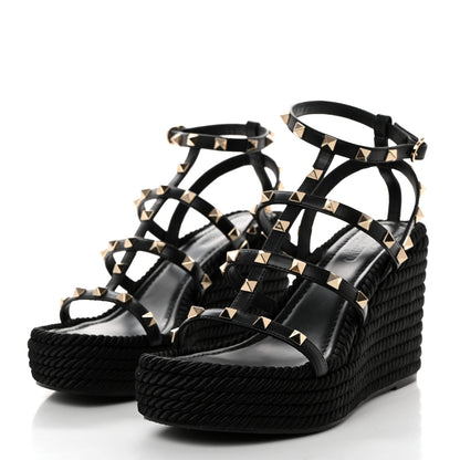 Valentino Garavani Calfskin Rockstud Ankle Strap Torchon Espadrille Caged 25/95mm Wedge Sandals 38 Black 3 of 9