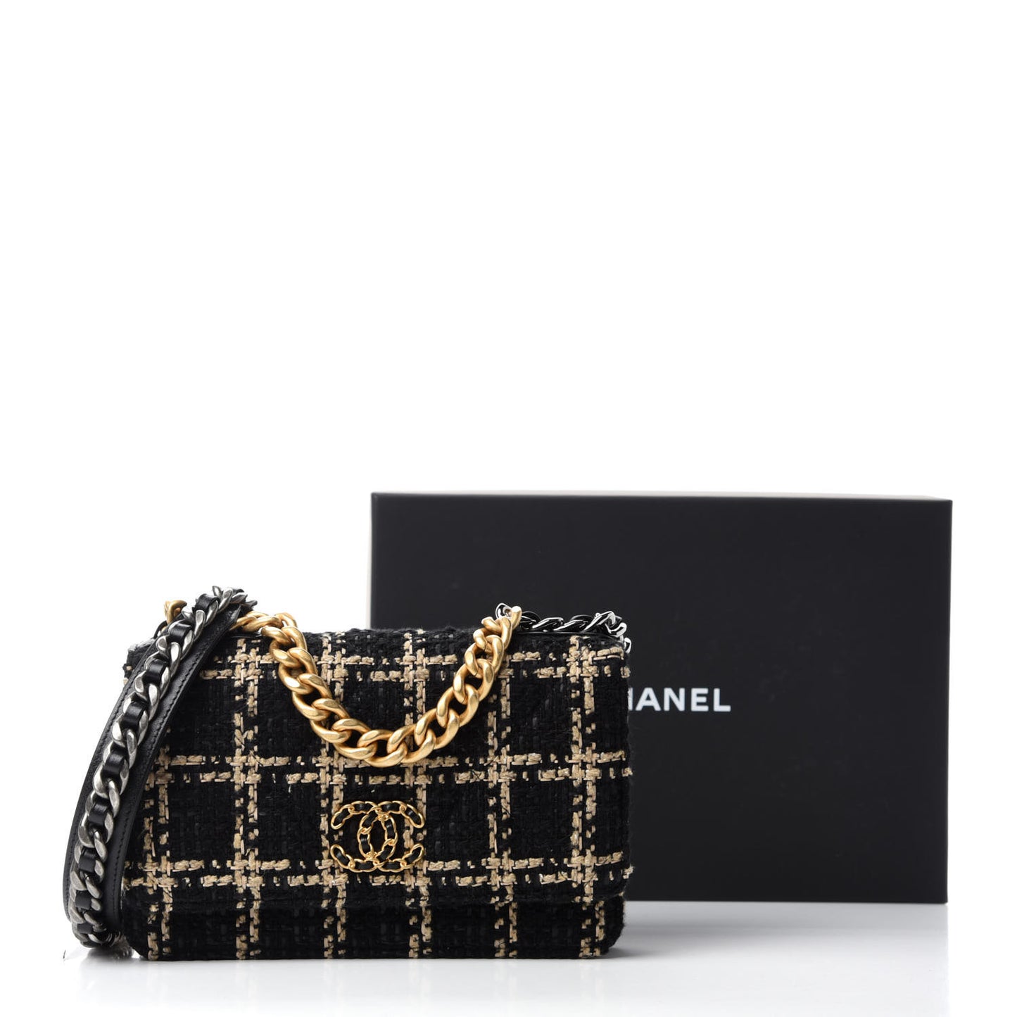 Tweed Quilted Chanel 19 Wallet On Chain WOC Black Beige