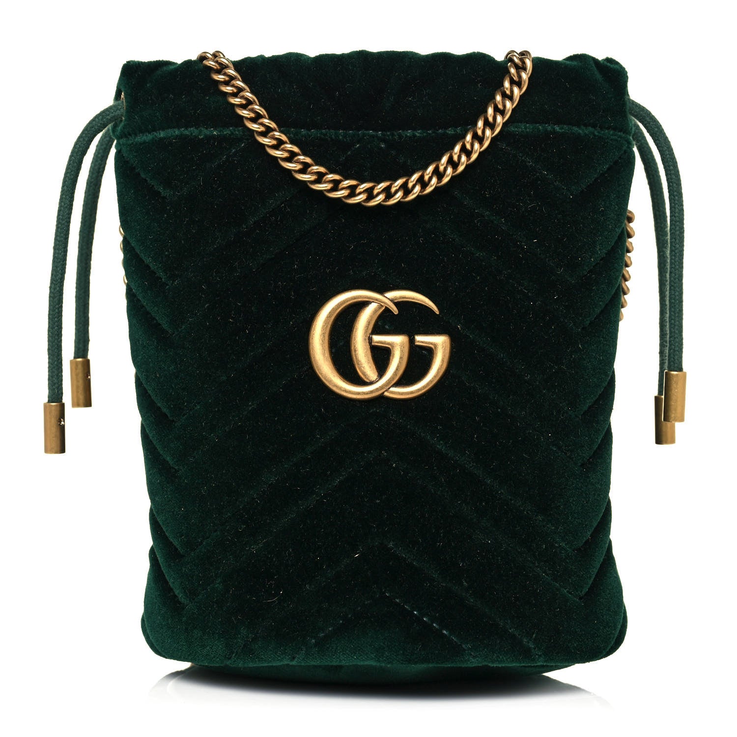 Gucci Velvet Matelasse Mini GG Marmont 2.0 Bucket Bag Dark Green 1 of 12