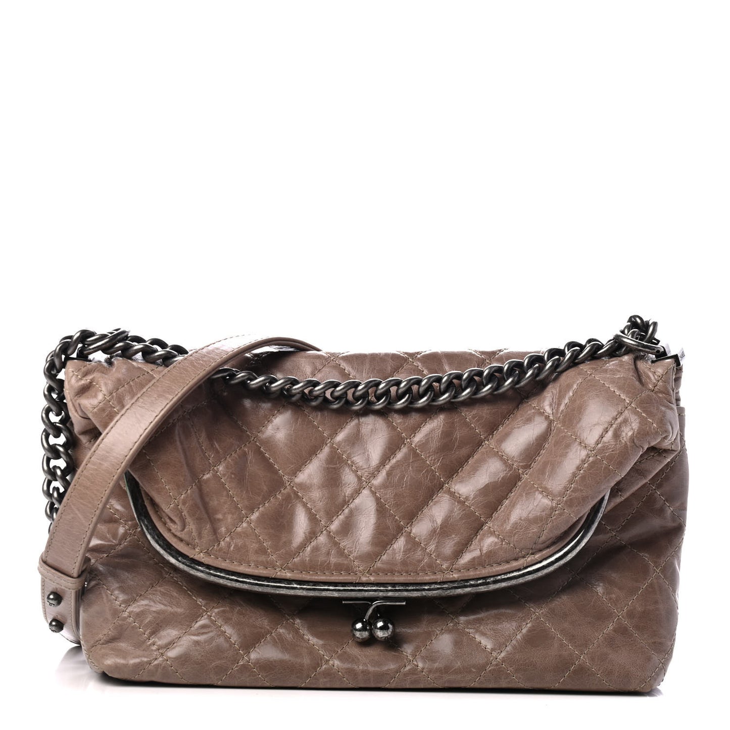 Glazed Calfskin Quilted Framed Shoulder Bag Beige