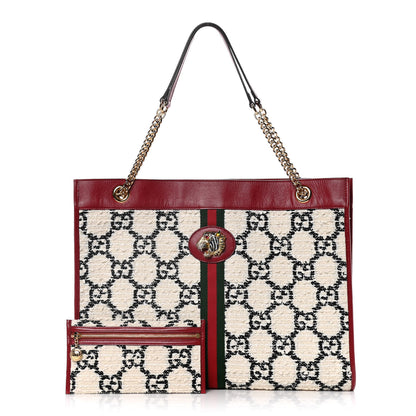 Gucci Tweed GG Monogram Large Rajah Chain Tote White Black Romantic Cherry 1 of 17