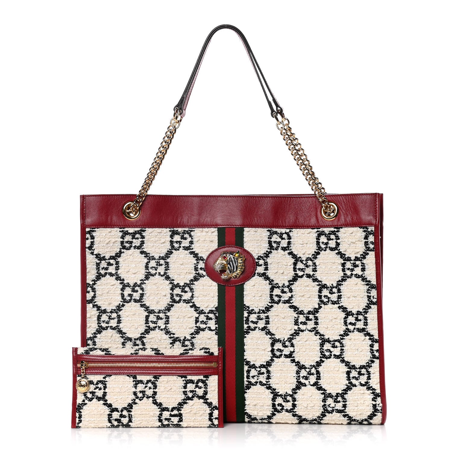 Gucci Tweed GG Monogram Large Rajah Chain Tote White Black Romantic Cherry 1 of 17