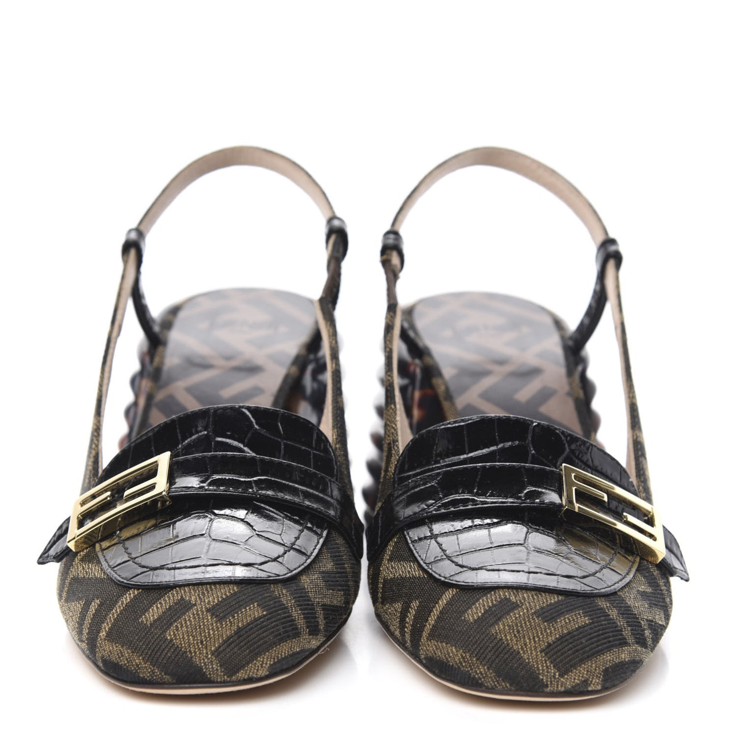 Jacquard Calfskin FF Tortoise Promenade Slingback Loafer Pumps 35.5 Tobacco