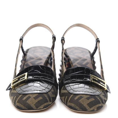 Fendi Jacquard Calfskin FF Tortoise Promenade Slingback Loafer Pumps 35.5 Tobacco 2 of 8