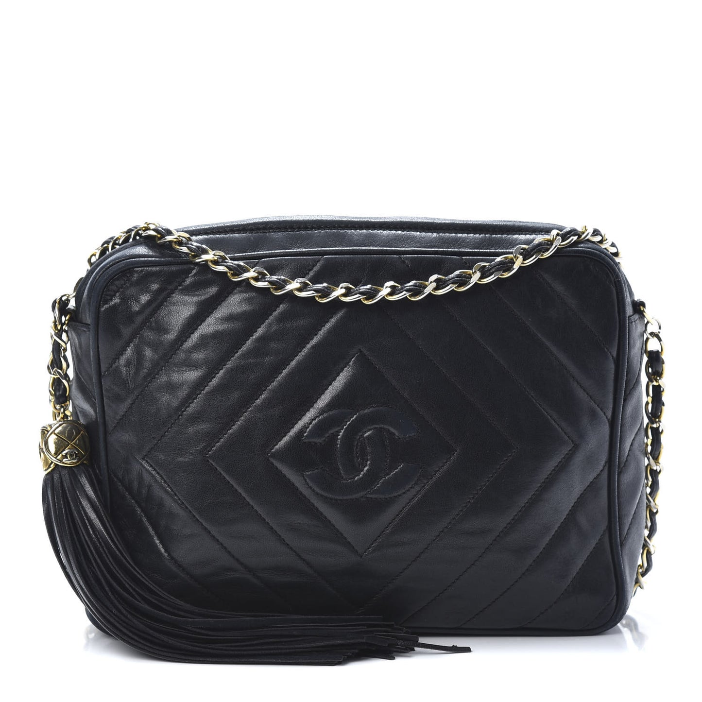 Lambskin Chevron Quilted Tassel Camera Case Black