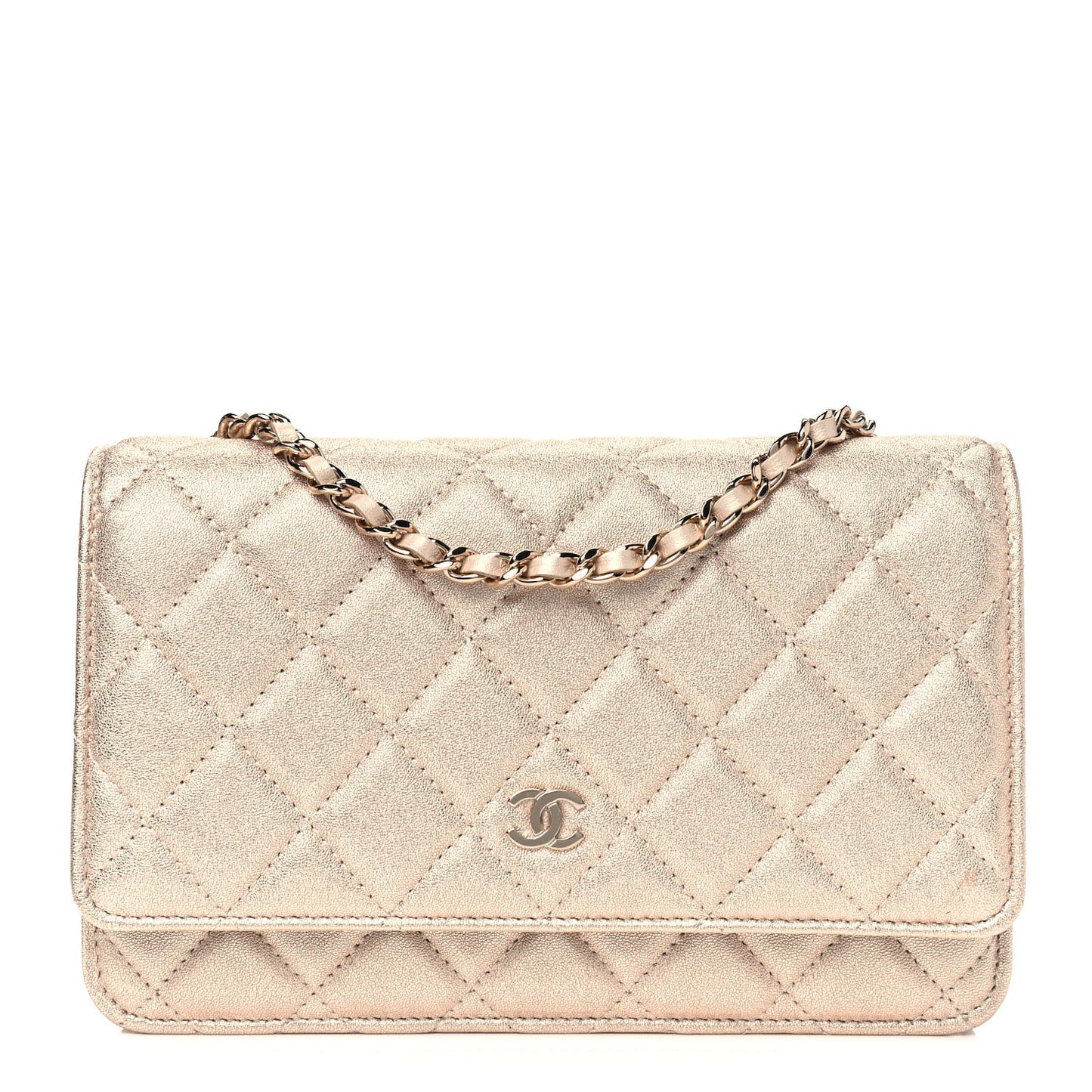 Metallic Lambskin Quilted Wallet On Chain WOC Gold