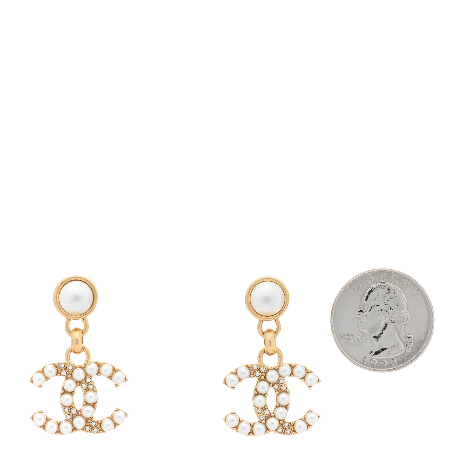 Chanel Metal Crystal Pearl CC Pendant Earrings Gold 2 of 5