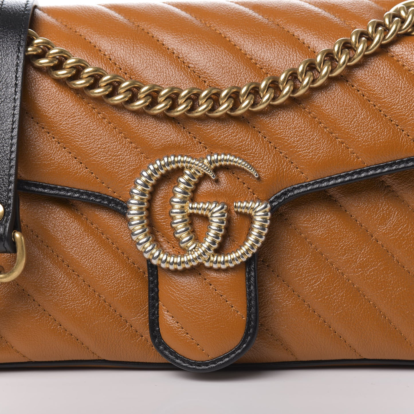 Vintage Effect Calfskin Matelasse Diagonal Small Torchon GG Marmont Shoulder Bag Cognac Black