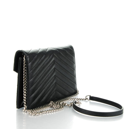 Saint Laurent Grain De Poudre Matelasse Chevron Monogram Envelope Chain Wallet Black 3 of 8