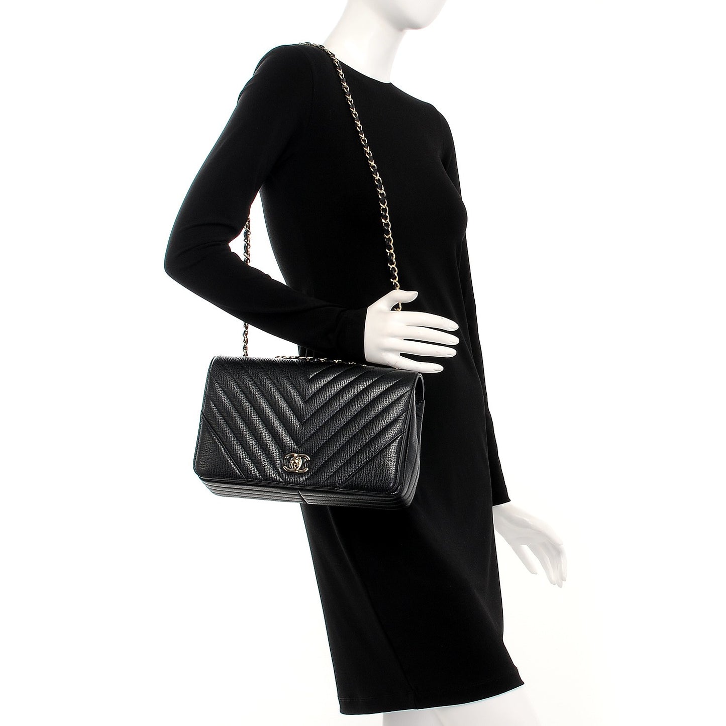 Metallic Calfskin Chevron Quilted Medium Statement Flap Black