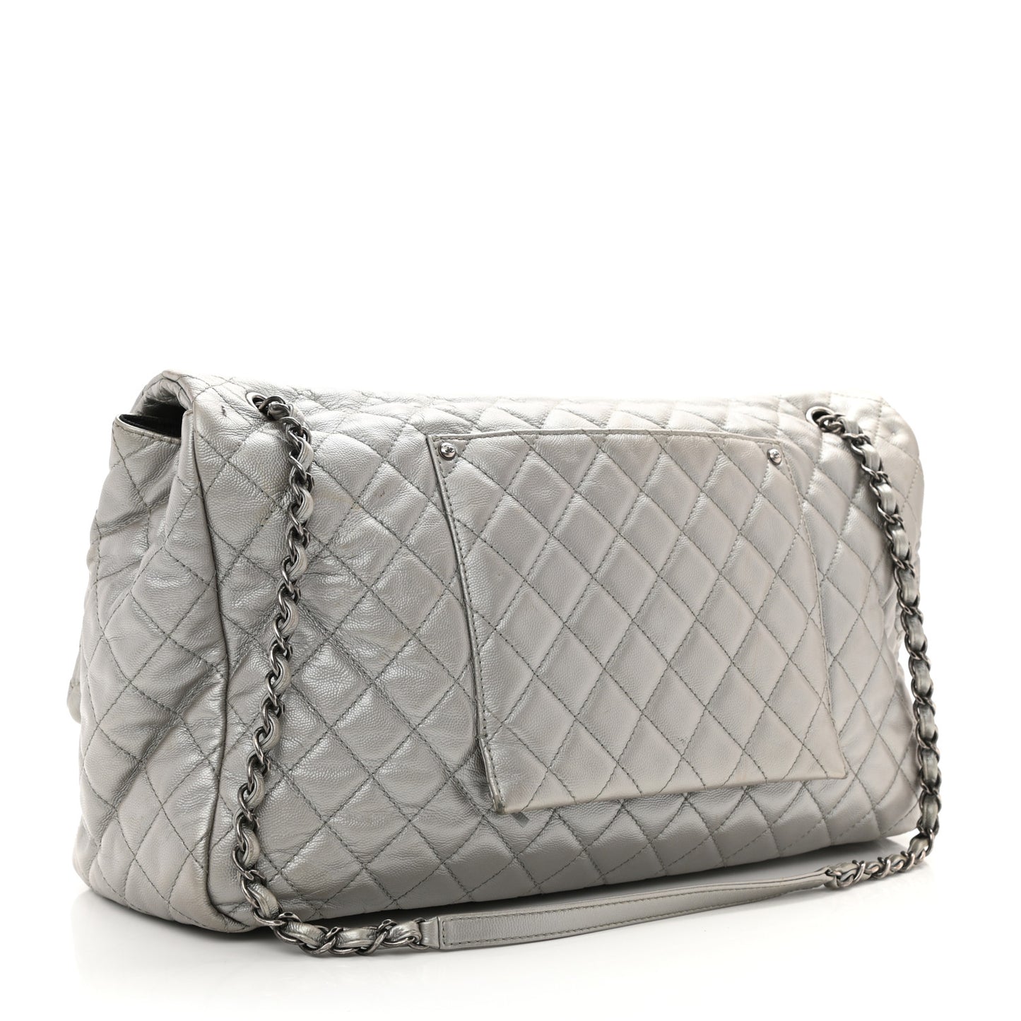 Metallic Caviar Quilted XXL Travel Flap Bag Silver