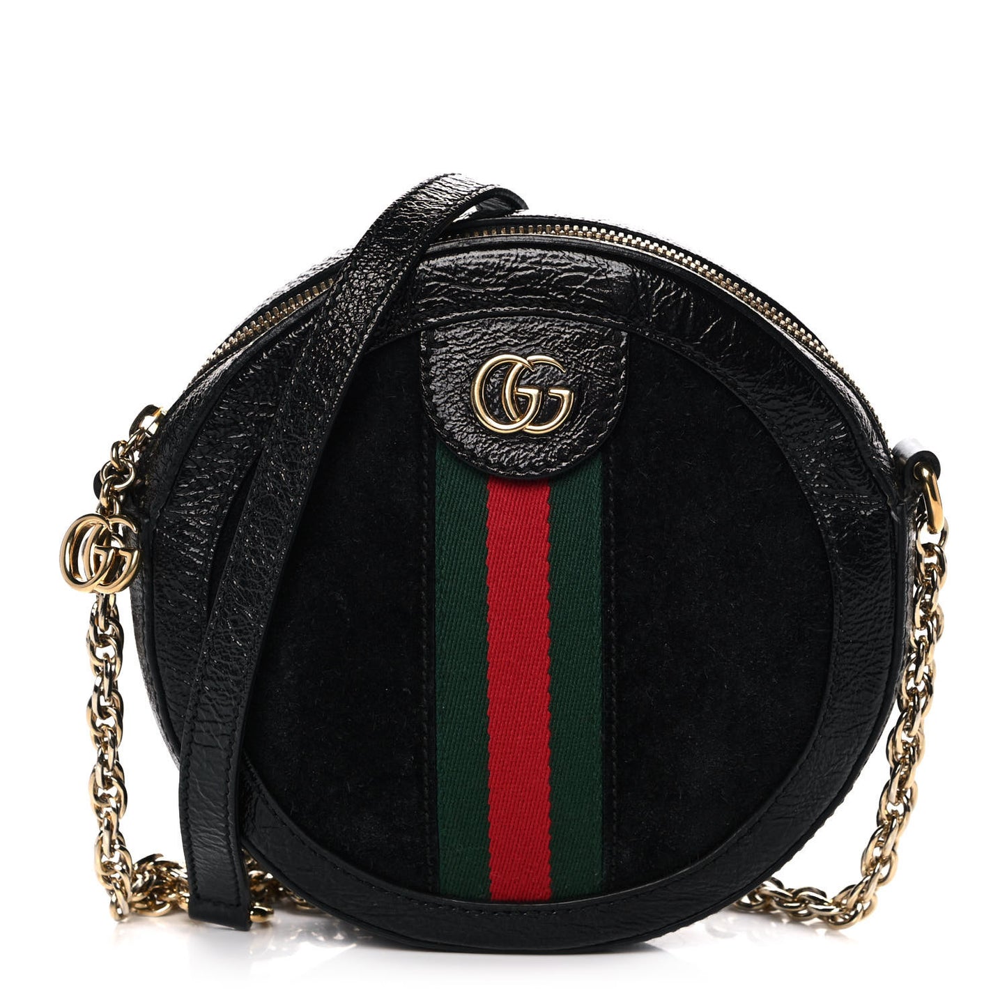 Suede Patent Web Mini Ophidia Round Shoulder Bag Black