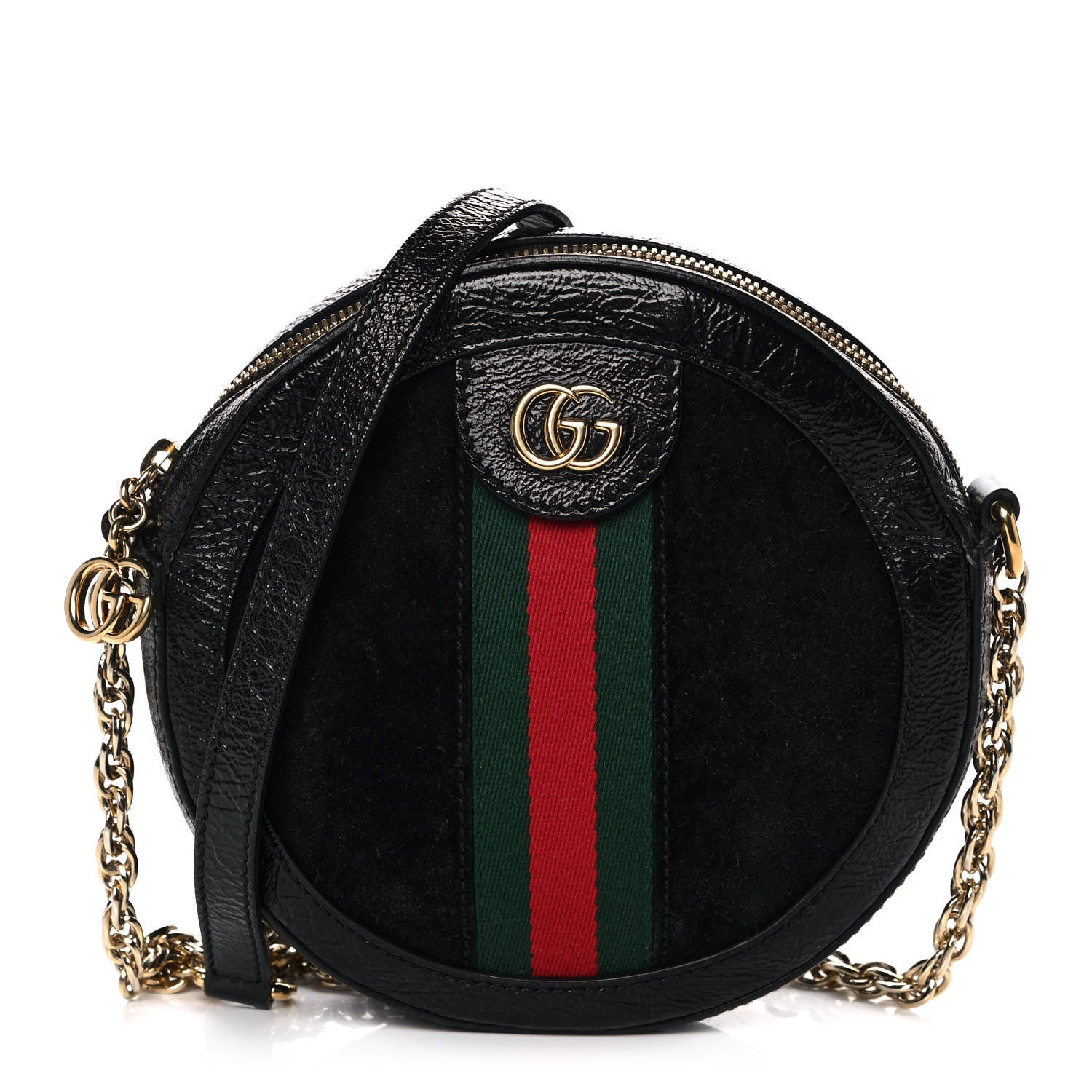 Gucci Suede Patent Web Mini Ophidia Round Shoulder Bag Black 1 of 11