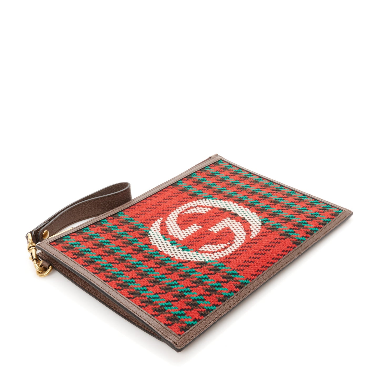 Cotton Wool Textured Calfskin Houndstooth Stripe Interlocking G Pouch Red Green Ivory Multicolor New Acero