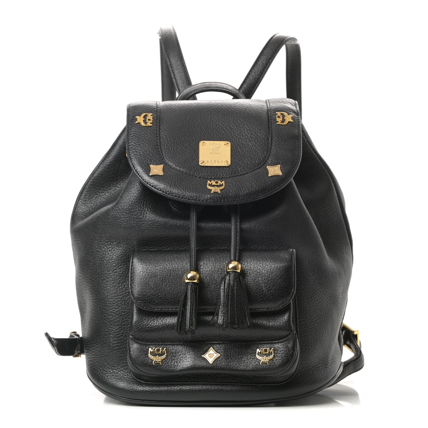 Grained Calfskin Studded Drawstring Backpack Black