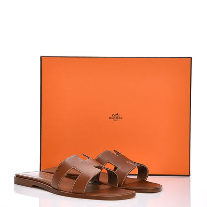 Hermes Box Calfskin Oran Sandals 37.5 Gold 10 of 10