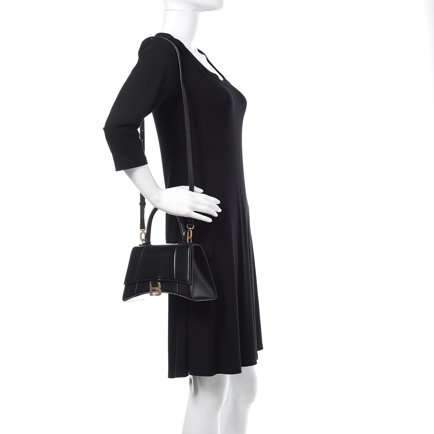 Shiny Box Calfskin Small Hourglass Top Handle Bag Black