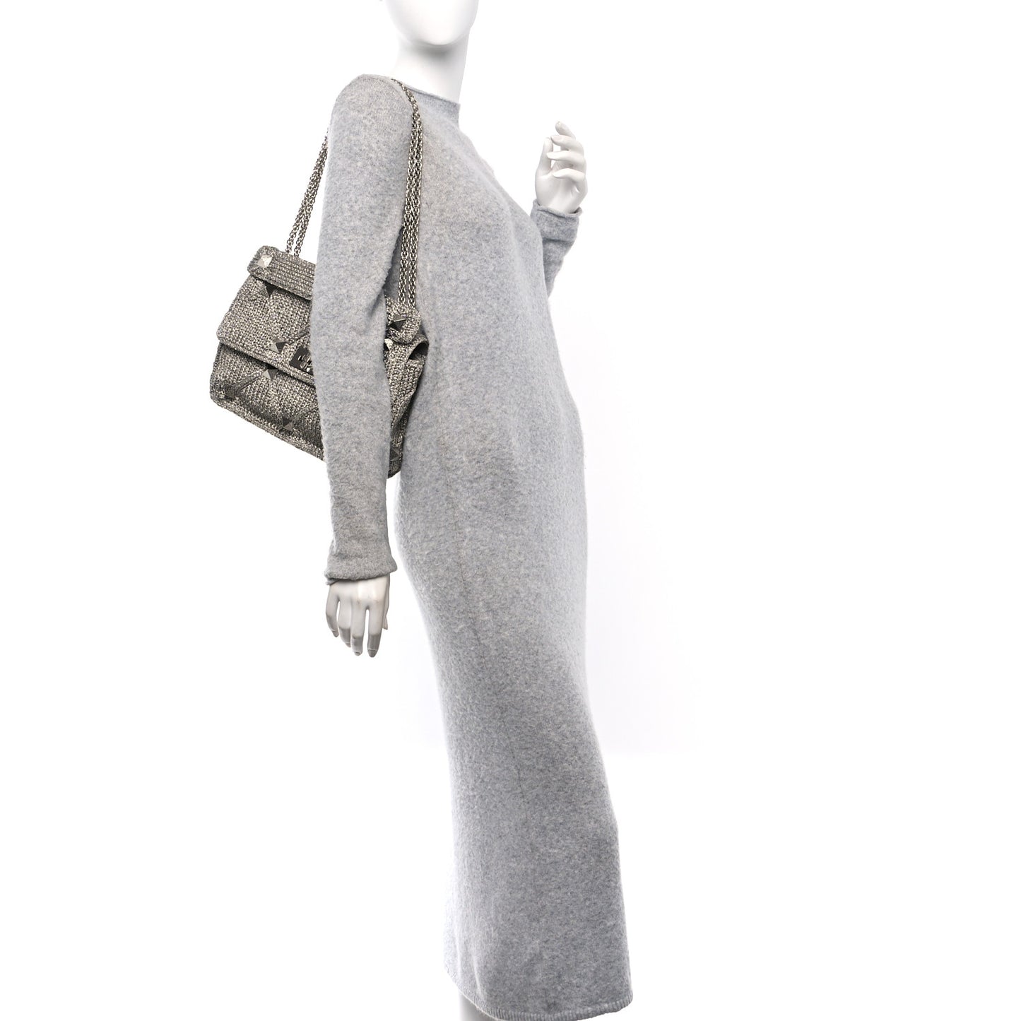Metallic Lurex Knit Large Roman Stud Shoulder Bag Silver