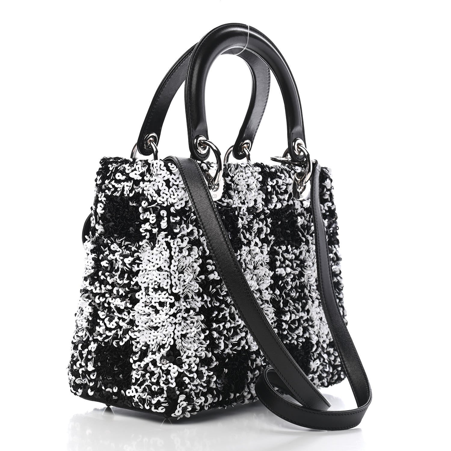 Christian Dior Lambskin Sequin Embellished Medium Lady Dior Black White 2 of 8
