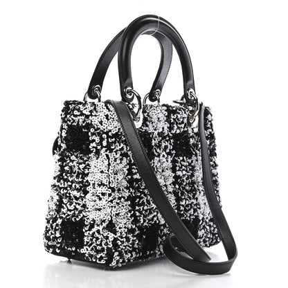 Christian Dior Lambskin Sequin Embellished Medium Lady Dior Black White 2 of 8