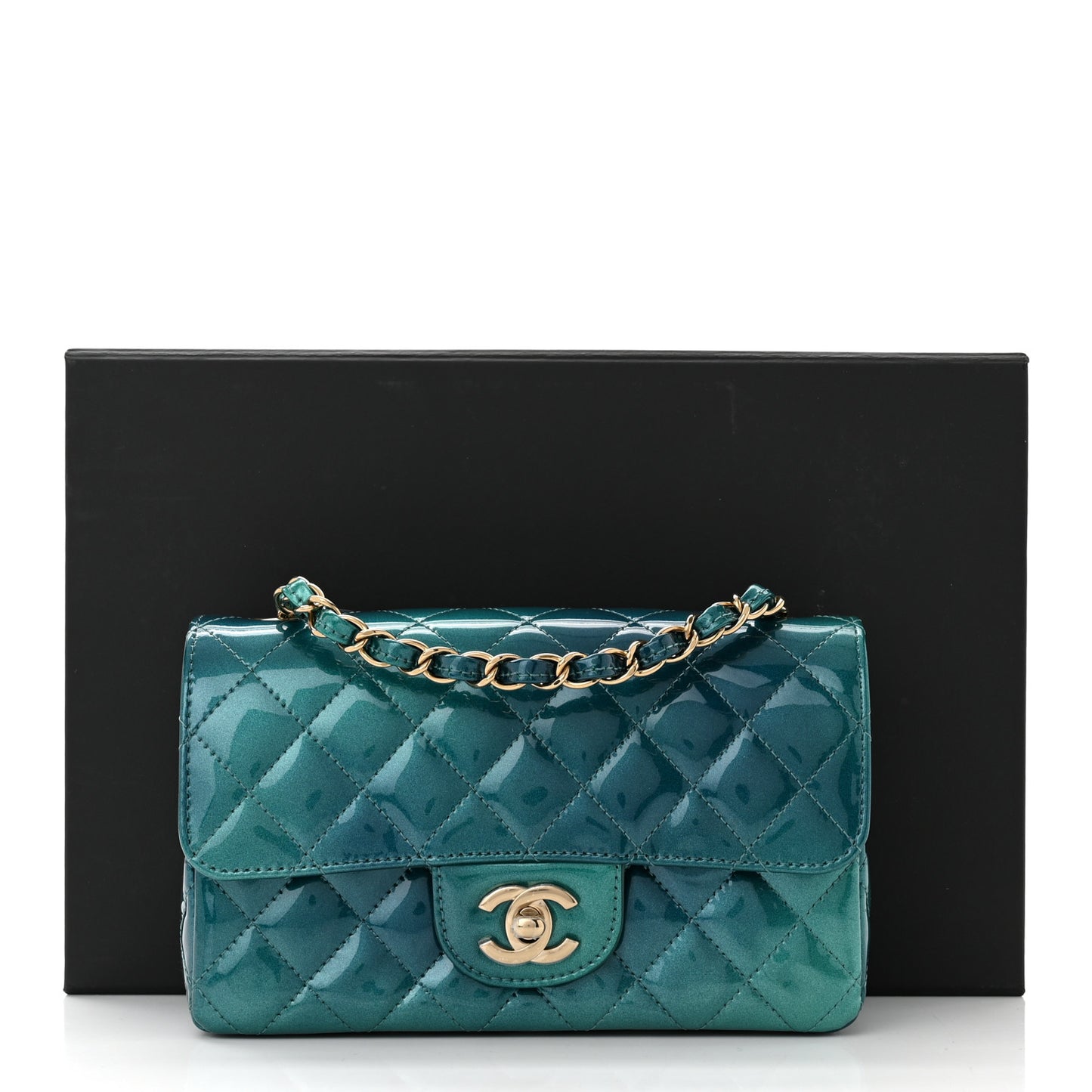 Shaded Patent Calfskin Quilted Mini Rectangular Flap Green Blue