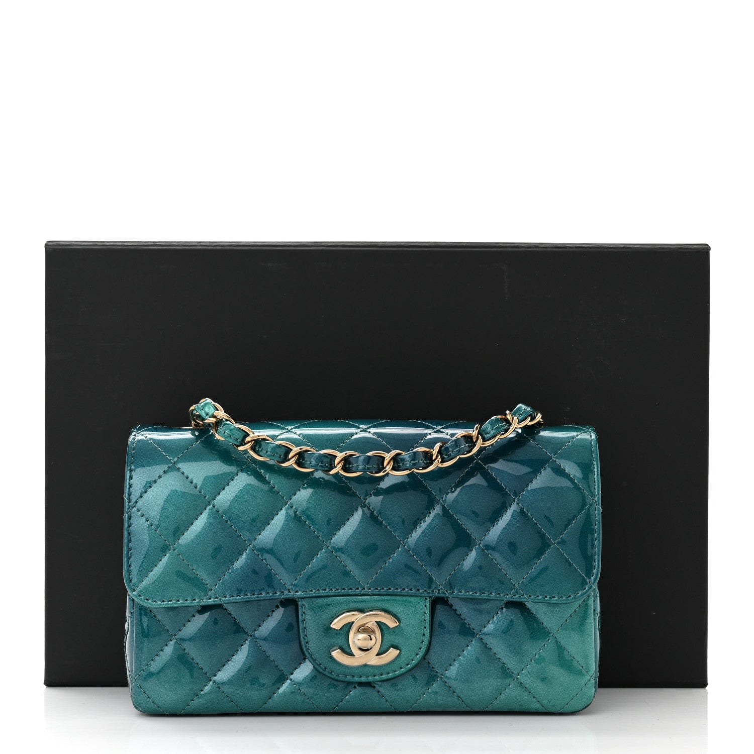 Chanel Shaded Patent Calfskin Quilted Mini Rectangular Flap Green Blue 11 of 11