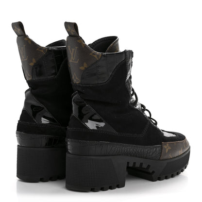 Louis Vuitton Suede Calfskin Crocodile Embossed Patent Monogram Laureate Platform Desert Boots 39 Black 5 of 10
