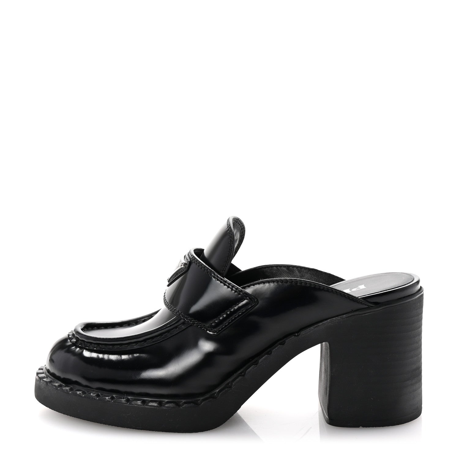 Prada Spazzolato Metal Triangle Logo Platform Loafer Mules 37.5 Black 1 of 9