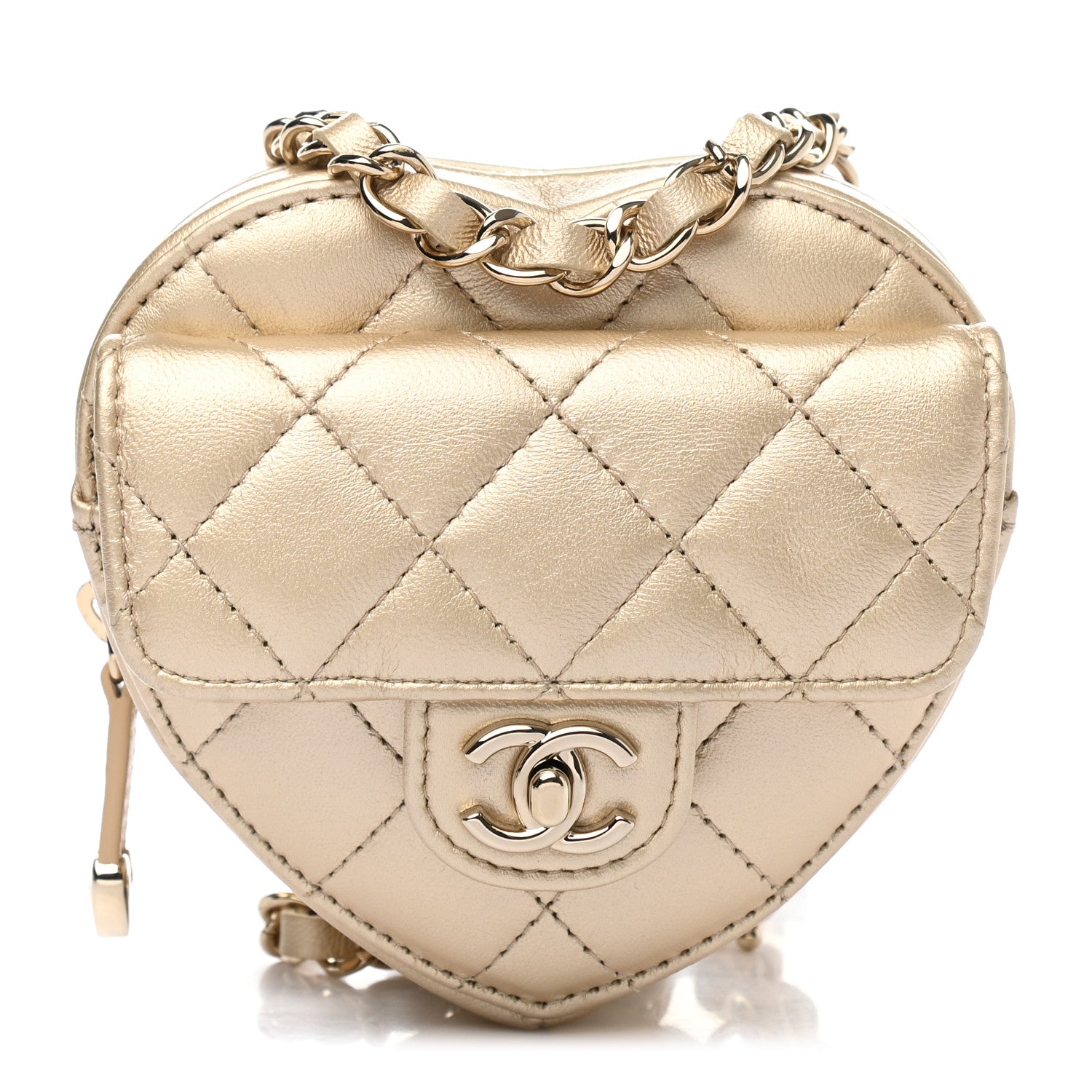 Chanel Metallic Lambskin Quilted CC In Love Heart Waist Belt Bag With Chain Gold 1 of 11