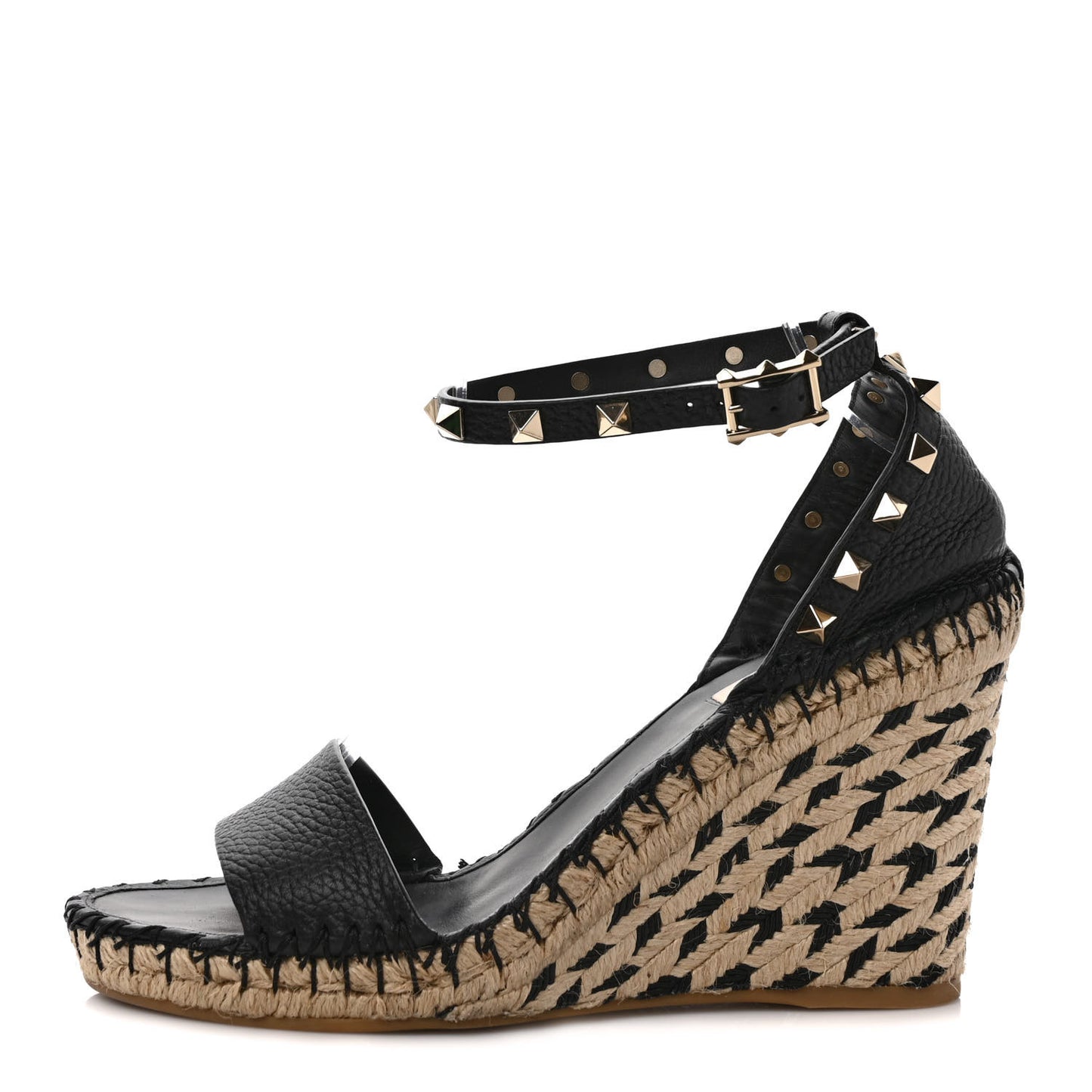 Grained Calfskin Rockstud Ankle Strap Espadrille 15/105mm Wedge Sandals 39 Black Natural