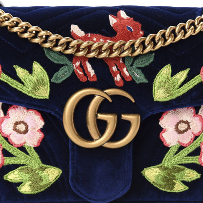 Gucci Velvet Matelasse Deer Embroidered Small GG Marmont Shoulder Bag Cobalt 11 of 11