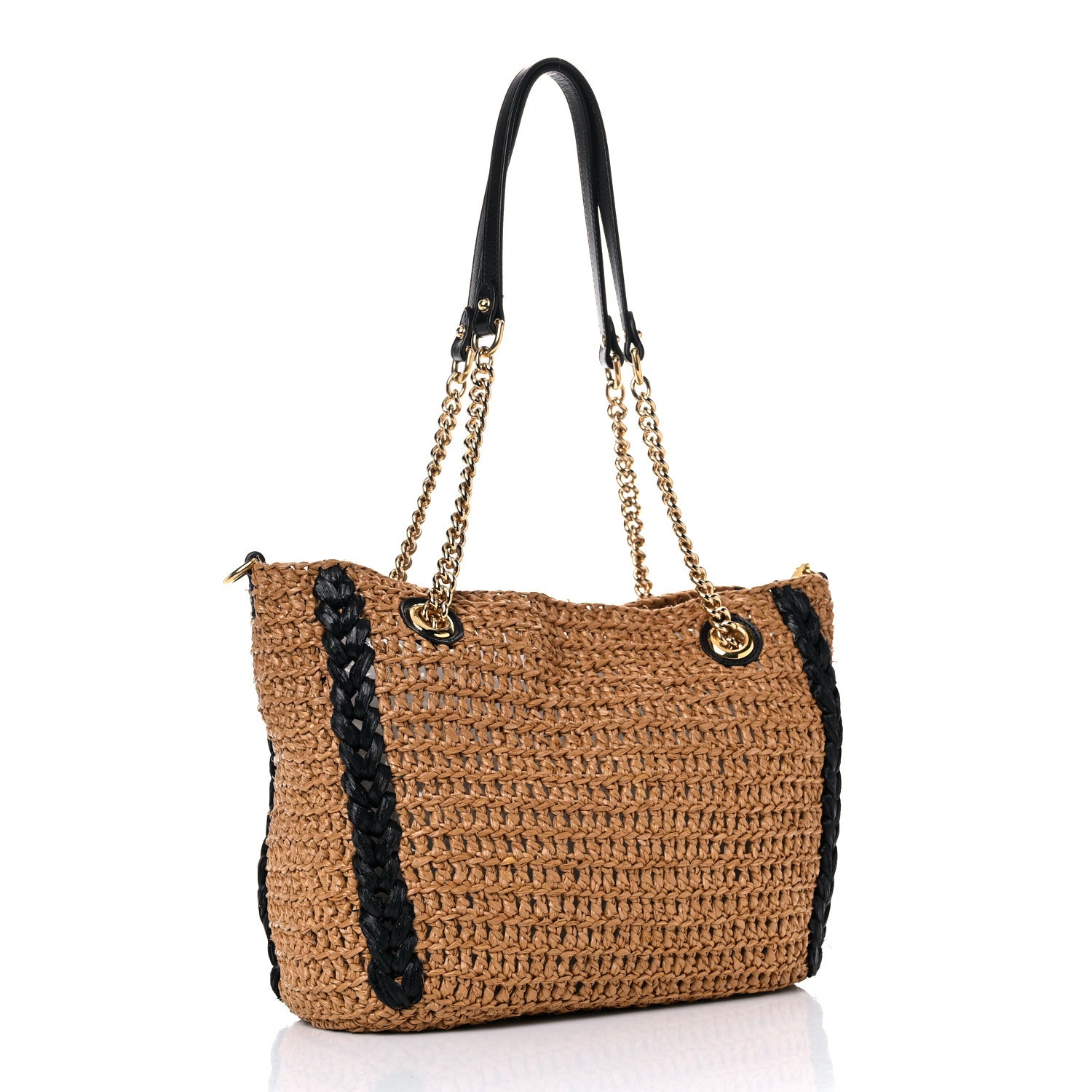 Gucci Raffia Effect Medium GG Marmont Shoulder Tote Bag Natural Black 3 of 14
