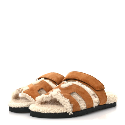Hermes Suede Goatskin Woolskin Womens Chypre Sandals 37 Brun Fume Ecru 4 of 11