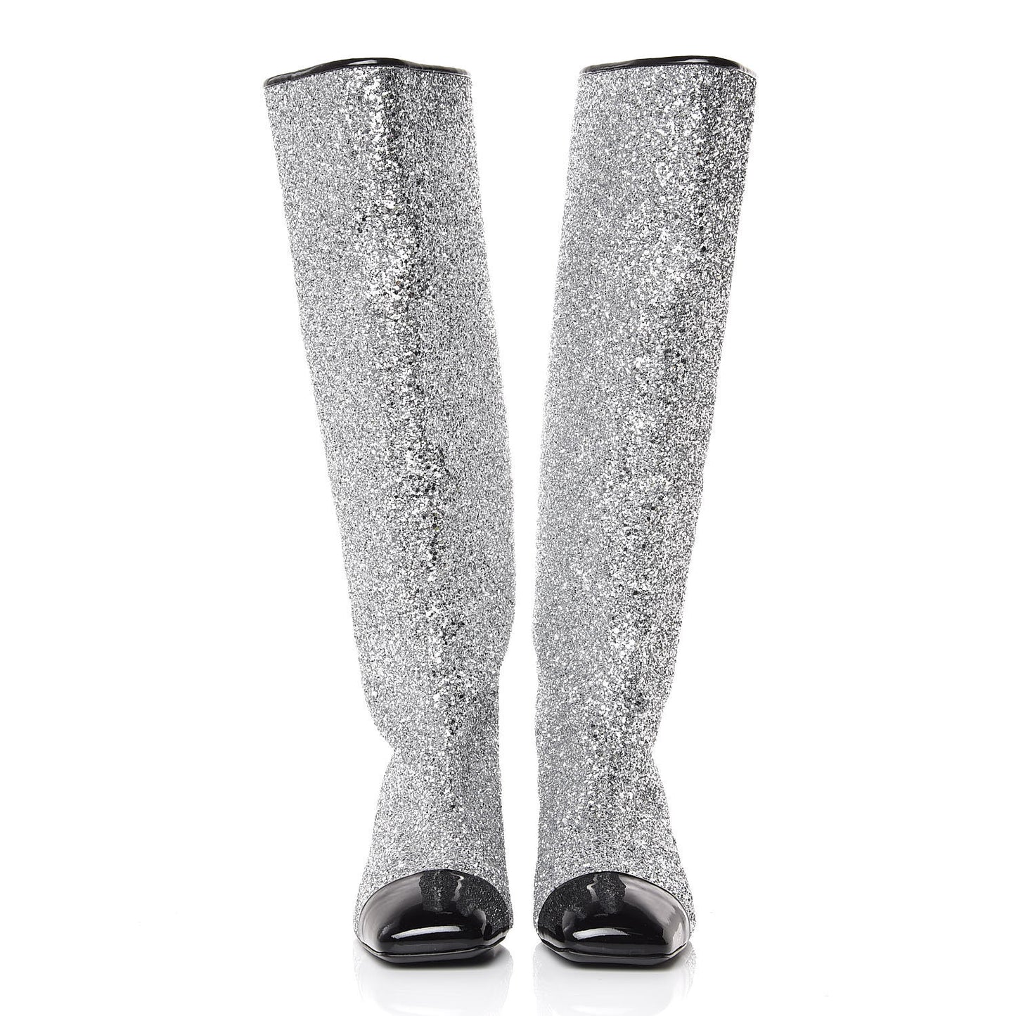 Glitter Patent Calfskin Cap Toe Fantasy High Boots 39.5 Silver Black