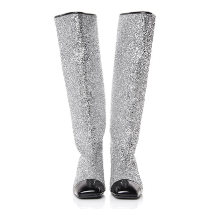Chanel Glitter Patent Calfskin Cap Toe Fantasy High Boots 39.5 Silver Black 2 of 9