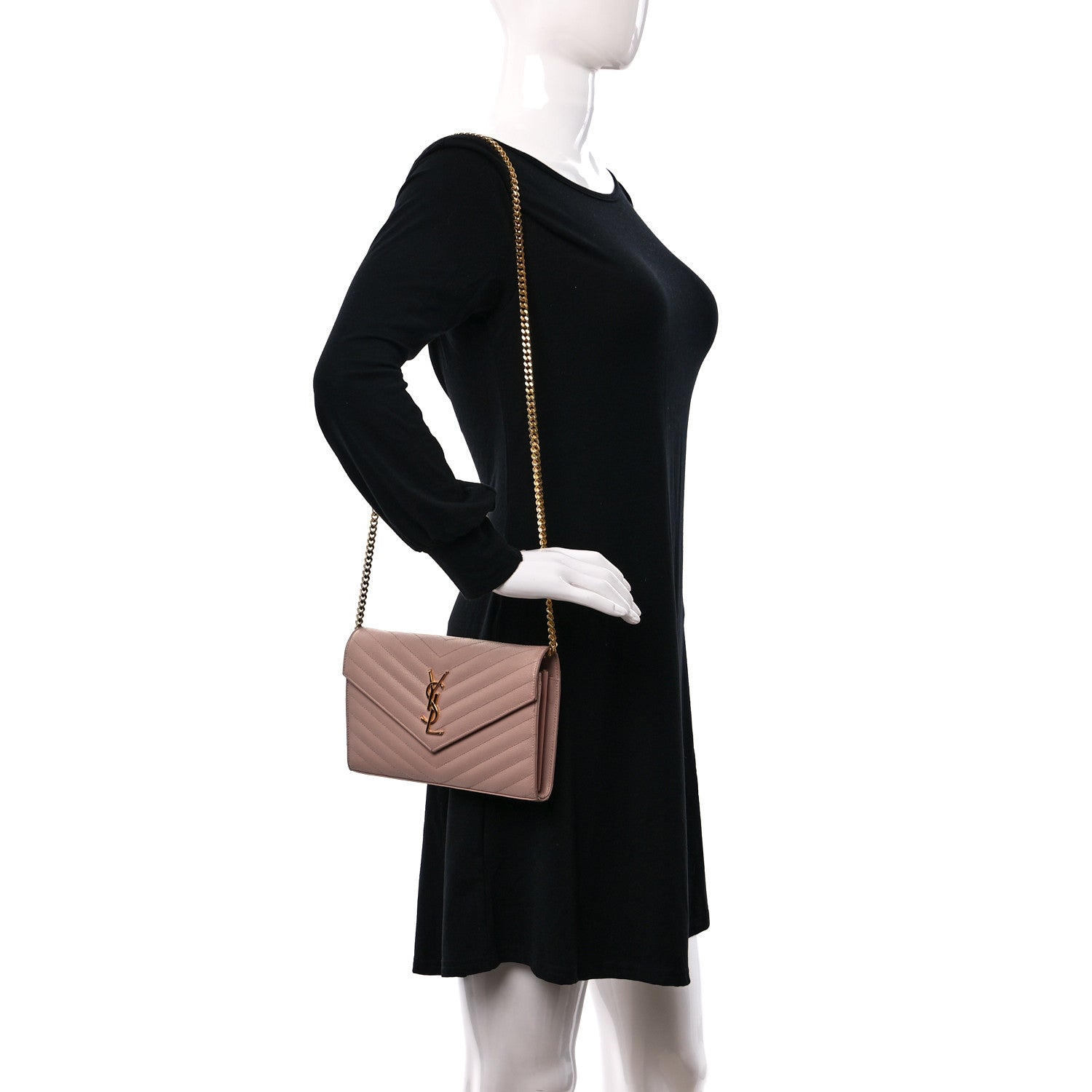 Saint Laurent Grain De Poudre Matelasse Chevron Monogram Chain Wallet Rose Antic 2 of 11