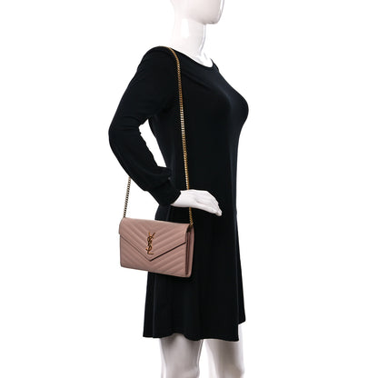 Saint Laurent Grain De Poudre Matelasse Chevron Monogram Chain Wallet Rose Antic 2 of 11