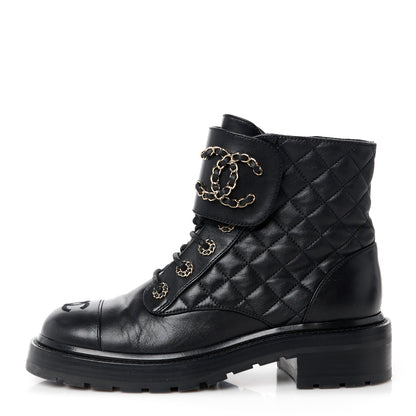 Chanel Shiny Goatskin Calfskin Quilted Lace Up Combat Boots 38 Black 1 of 11