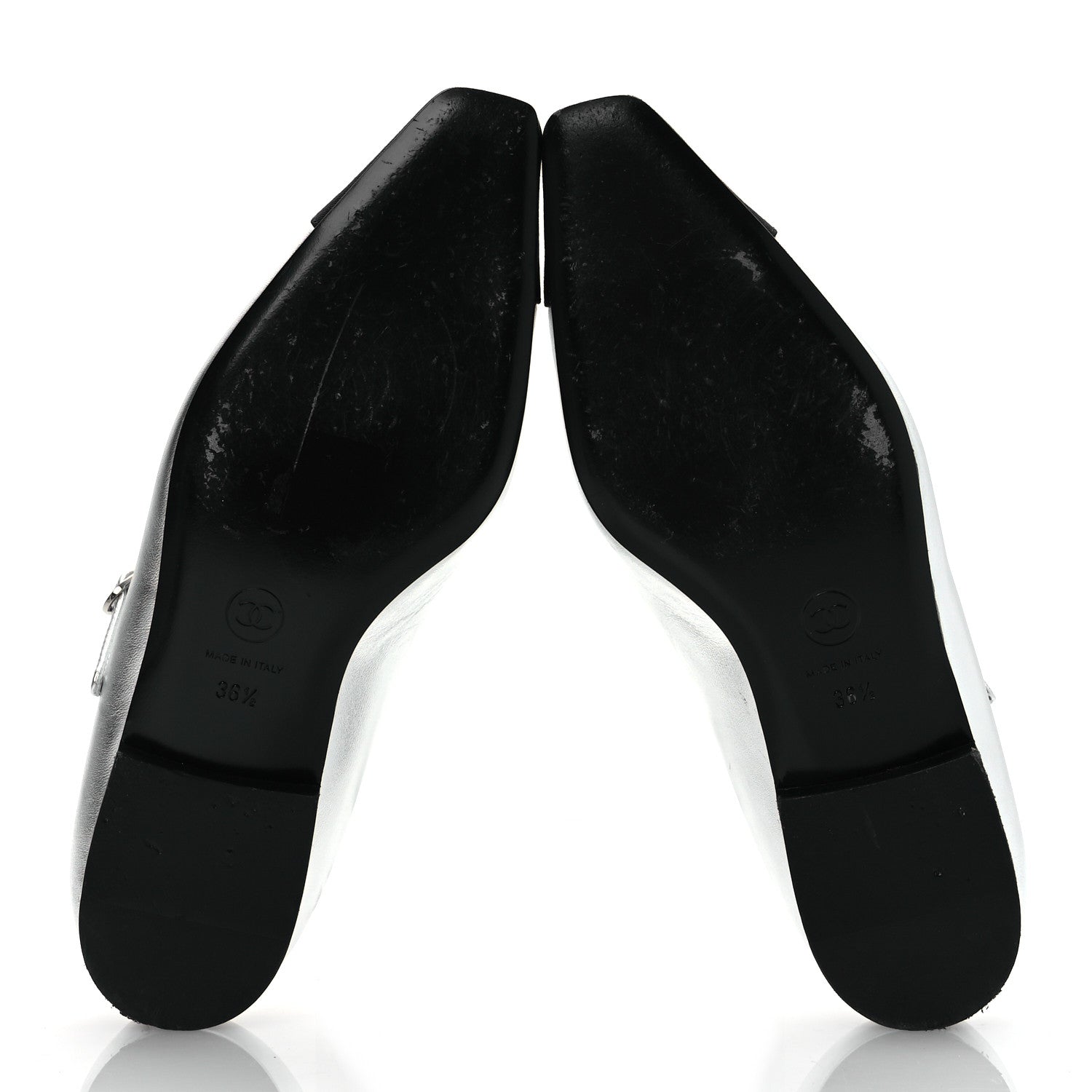 Chanel Laminated Calfskin Grosgrain Mary Janes Flats 36.5 Silver Black 7 of 11