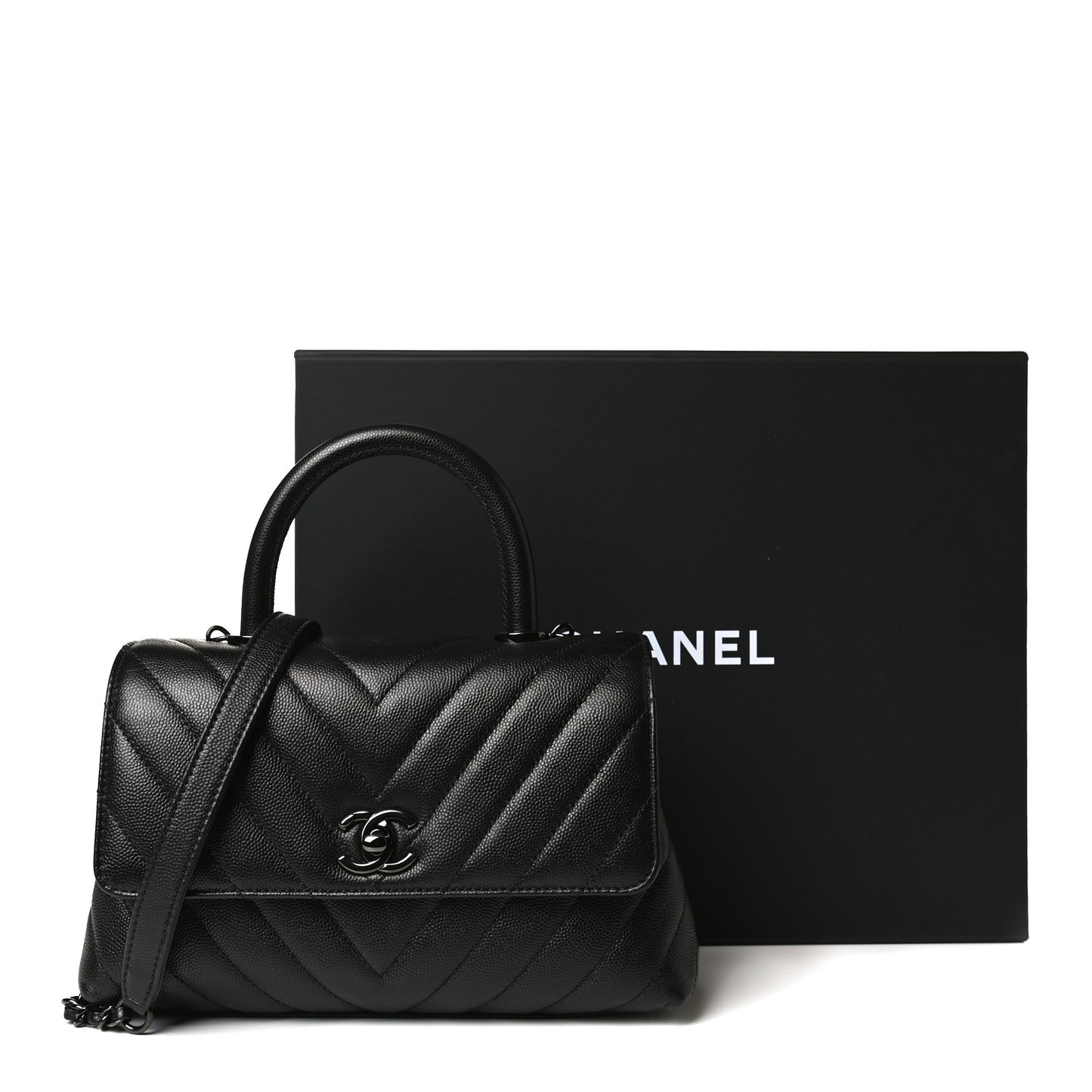 Caviar Chevron Quilted Mini Coco Handle Flap So Black