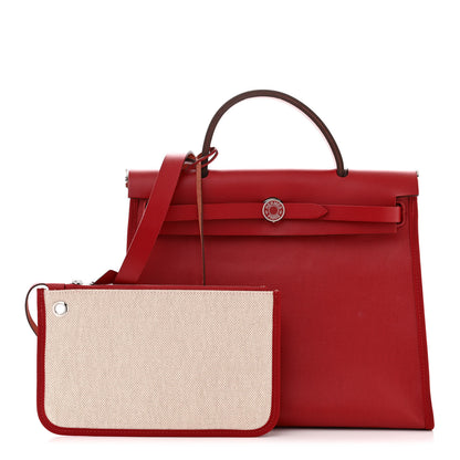 Hermes Toile H Berline Vache Hunter Herbag Zip PM 31 Rouge Piment Ecru 3 of 14