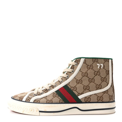 Gucci GG Monogram Web Womens 1977 Tennis High Top Sneakers 38 Beige Ebony Mystic White 1 of 8