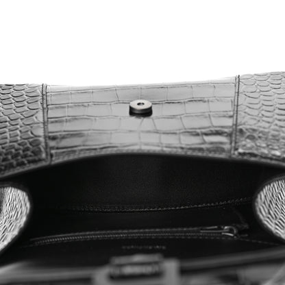 Balenciaga Shiny Calfskin Monochrome Crocodile Embossed Small Hourglass Top Handle Bag Black 7 of 9
