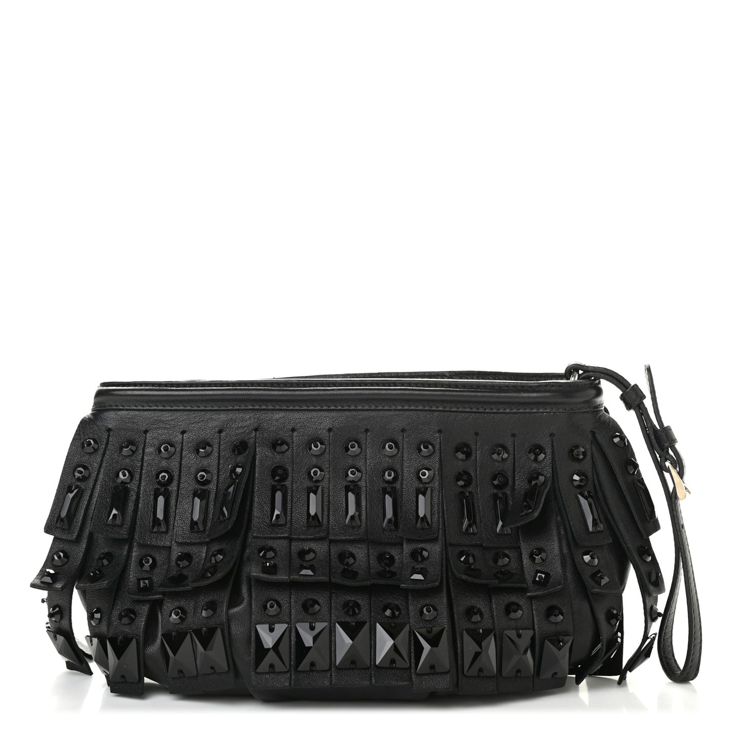 Nappa Jeweled Fringe Wristlet Clutch Black