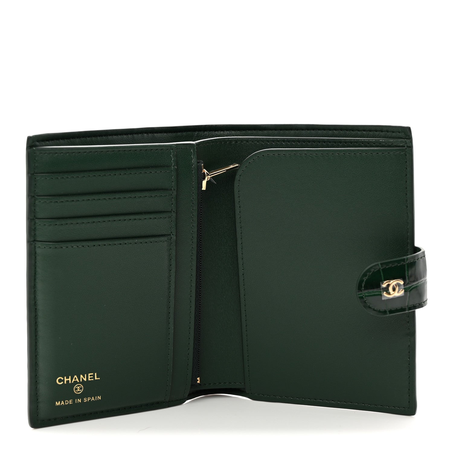 Chanel Calfskin Crocodile Embossed Crococo Passport Holder Emerald