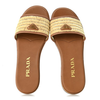 Prada Raffia Metal Triangle Logo 10mm Slide Sandals 37 Naturale 2 of 8
