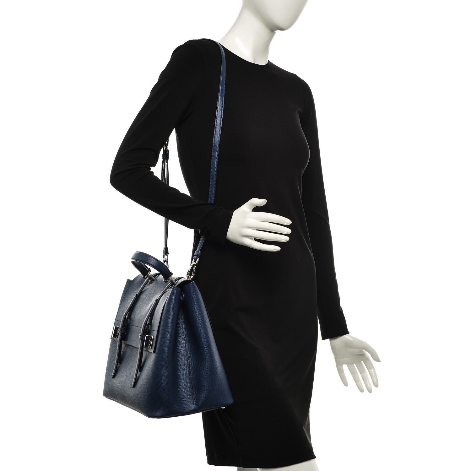 Prada Saffiano Cuir Convertible Top Handle Tote Bleuette 2 of 8