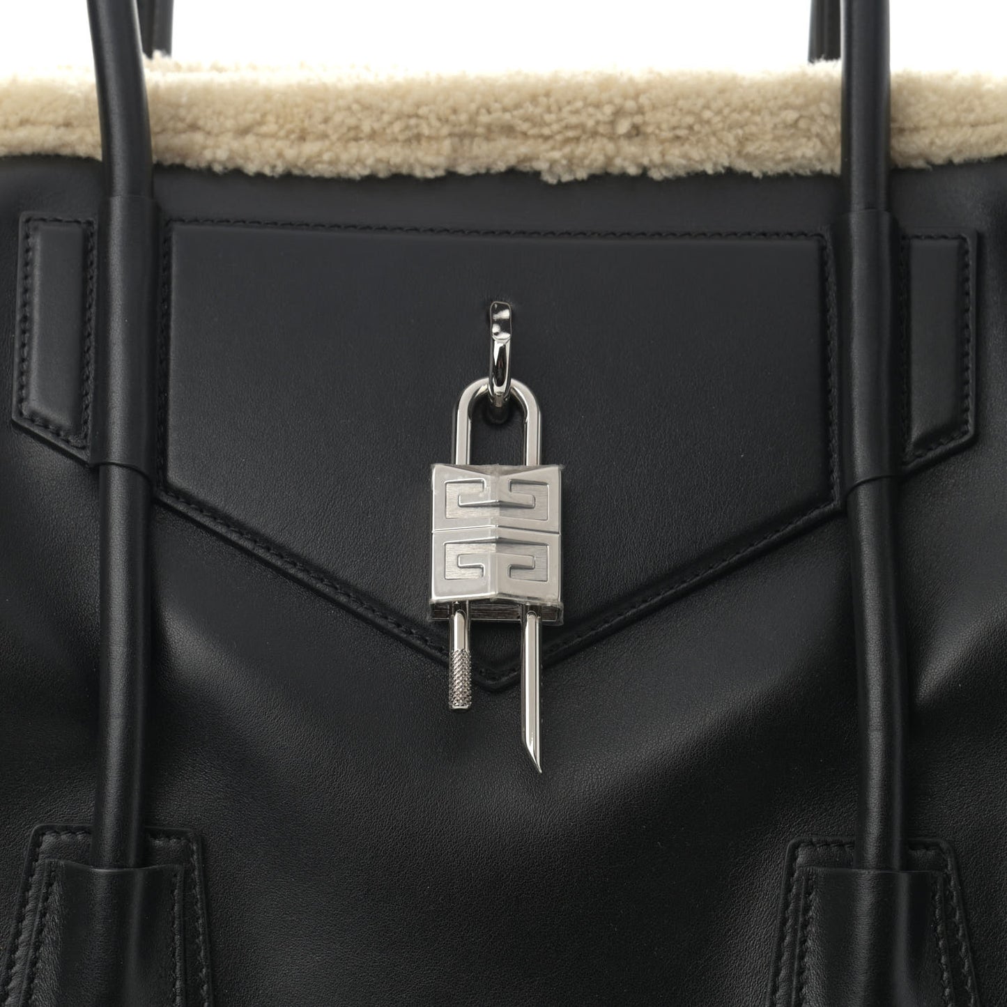Shearling Calfskin Medium Soft Lock Antigona Shoulder Bag Black Natural
