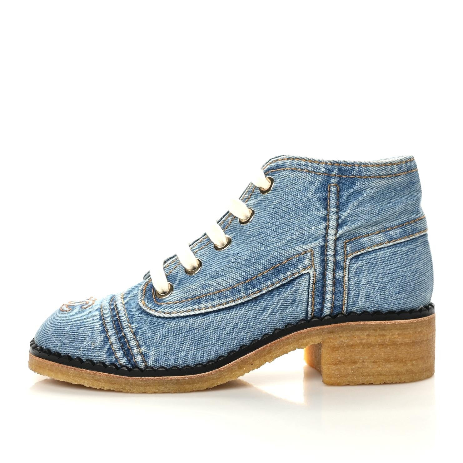 Chanel Denim Lace Up Boots 36.5 Light Blue 1 of 9