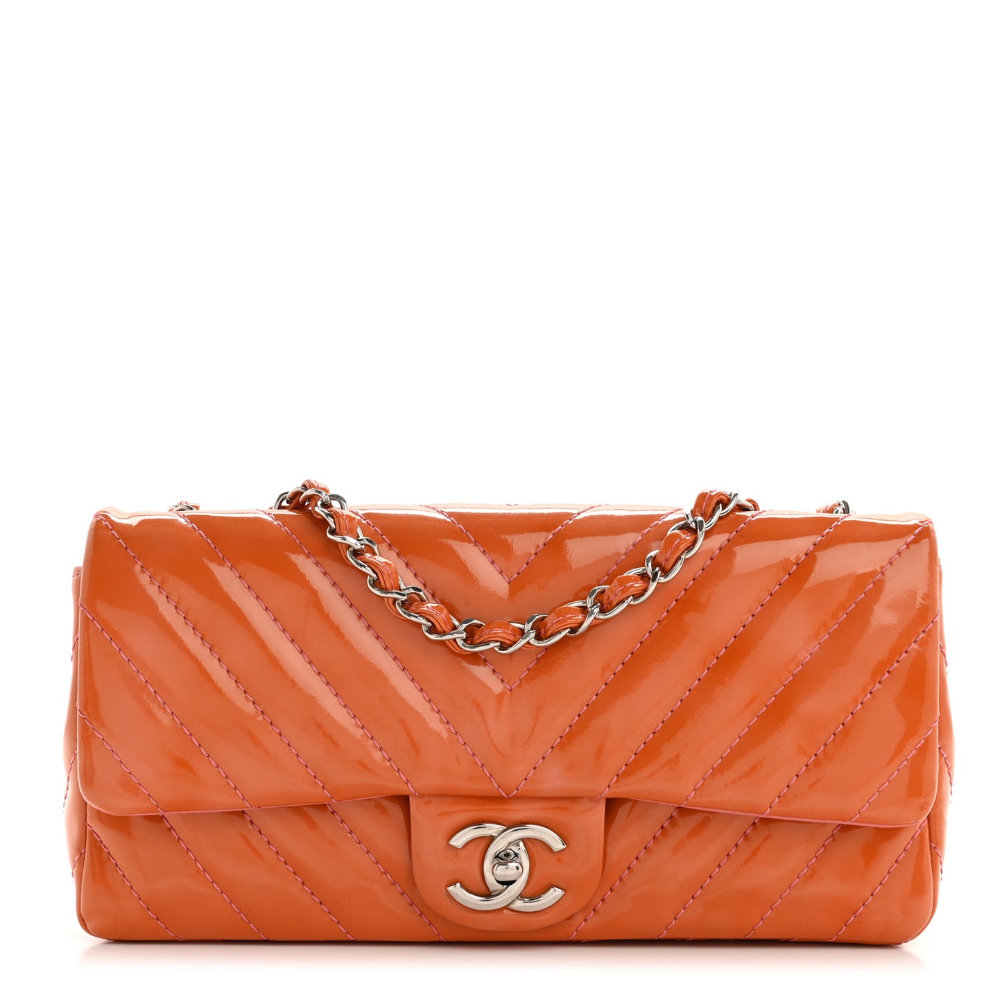 Patent Calfskin Chevron Quilted East West Flap Orange Pink